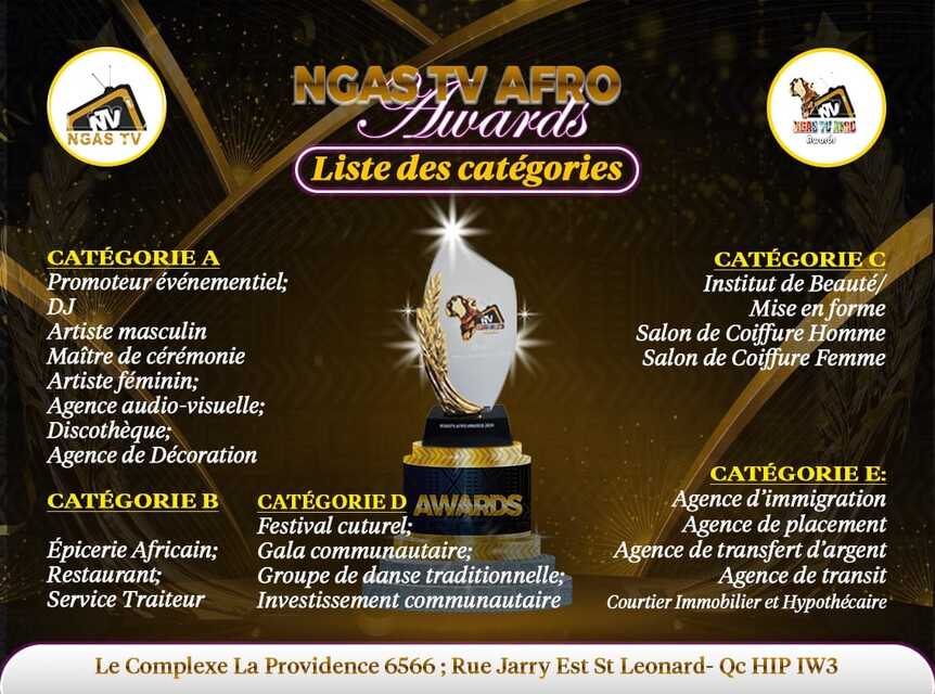 NGAS TV AFRO AWARDS pour  promouvoir les Entrepreneurs Afro-descendants au Canada